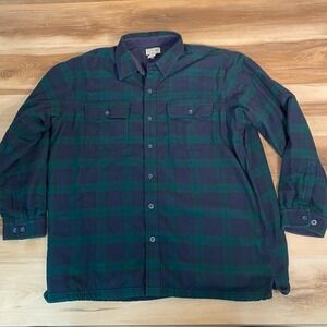L.L. Bean Fleece Lined Flannel Shirt Mens XL Blackwatch Tartan Plaid Green Blue